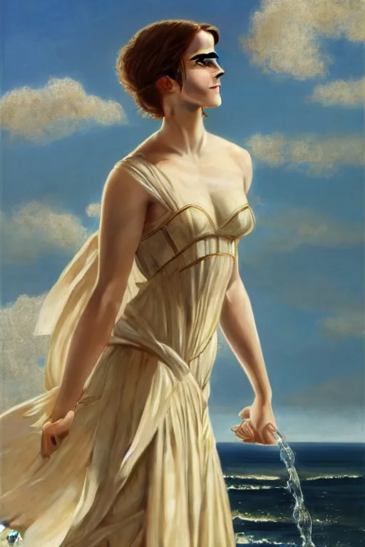 Prompt: a emma watson wearing a dress emerging from the water, oil on canvas, symetrical, 4 k, symetrical, sensuality, hyper realistic, artstation, by j. c. leyendecker and edmund blair leighton and charlie bowater, instagram photo