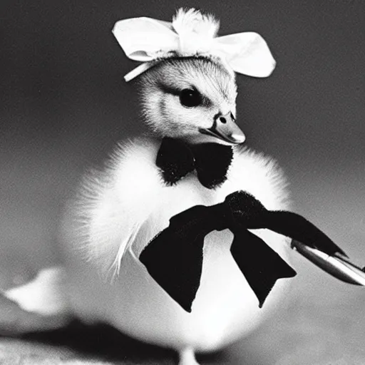 Image similar to a baby duckling wearing a bow on her head, holding a scalpel