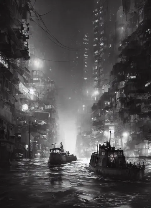 Image similar to dramatic Photorealistic, Matte Painting of a tug boat with bright head lights exploring a busy post apocalyptic deep flooded Hong Kong city street at night,dark Tall buildings by Greg Rutkowski,Craig Mullins,Hyperrealism,Beautiful dramatic moody lighting,Cinematic Atmosphere,volumetric,Octane Rendering,8K