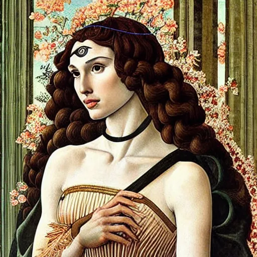 Prompt: gal gadot as the goddess of spring, elegant portrait by sandro botticelli, detailed, symmetrical, intricate