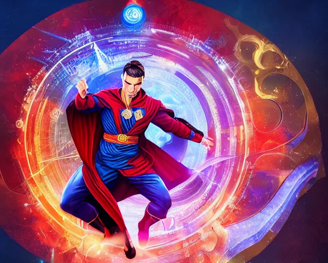 Image similar to cristiano ronaldo as doctor strange, colorful spells, fantasy art, in the style of Fernando Juarez, illustration, epic art, fantasy, intricate, elgant, amazing detail, digital painting, artstation, concept art, smooth, sharp focus