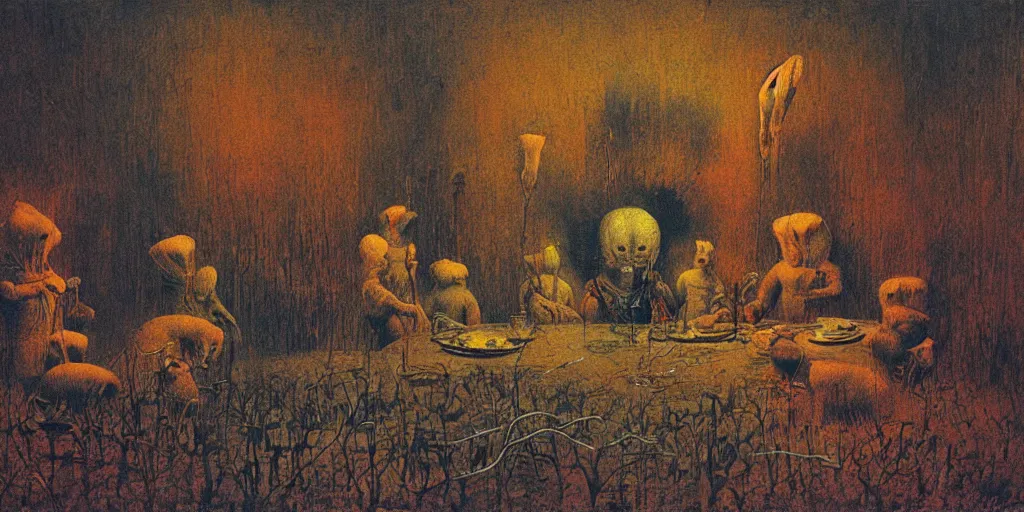 Prompt: Bunny Family Dinner painting by Beksinski