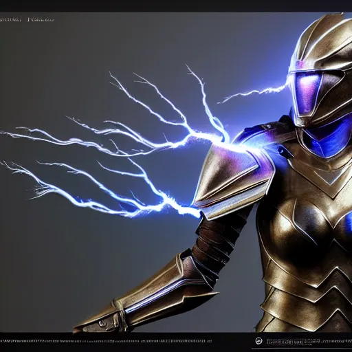Image similar to photography of a hyper realistic and highly detailed fantasy lightning armor, professional digital art, unreal engine 5 8 k rendering, stunning, artstation