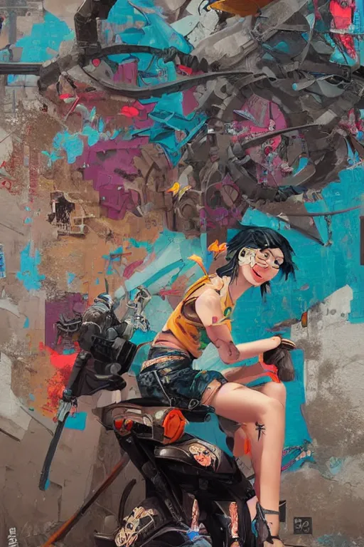 Prompt: punk girl sitting on extreme 3 d graffiti tag mural maximalism by atey ghailan, by greg rutkowski, by joe fenton, yellow, brown, black and cyan color scheme, octane render