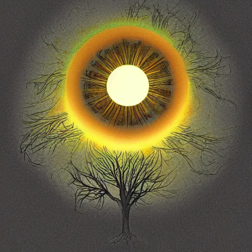 Image similar to upside down sun with trees coming out of it and enveloping it entirely, digital drawing