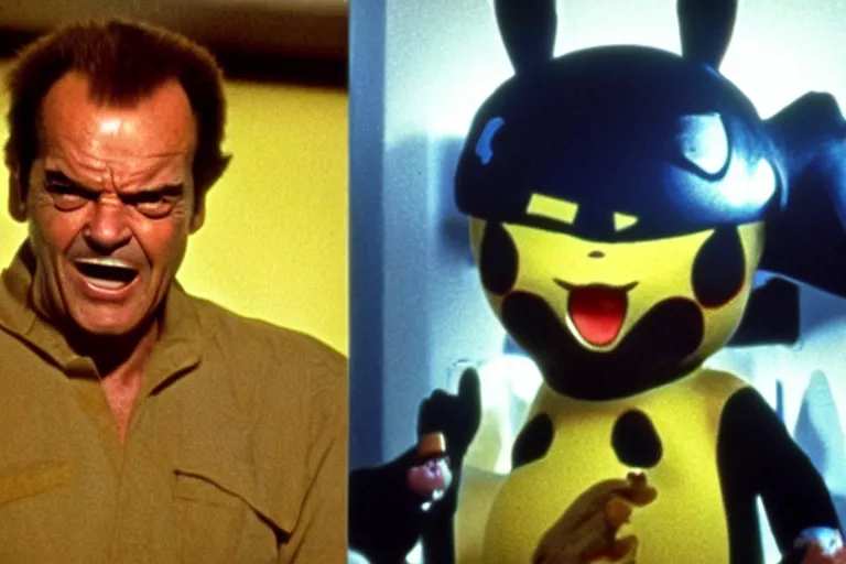 Image similar to Jack Nicholson in costume of Terminator Pikachu hybred, scene where his endoskeleton gets exposed, still from the film