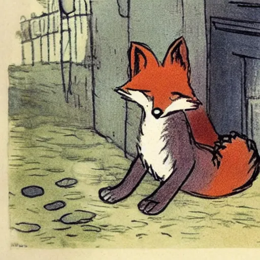 Prompt: story about a cute fox illustrated by Edward Ardizzone