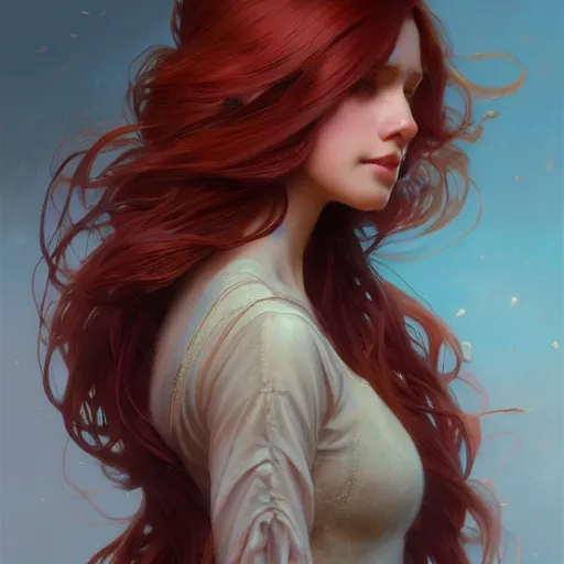 Image similar to girl with super long hair, hair becoming autumn red leaves, intricate, highly detailed, digital painting, artstation, concept art, smooth, sharp focus, illustration, unreal engine 5, 8 k, art by artgerm and greg rutkowski and alphonse mucha