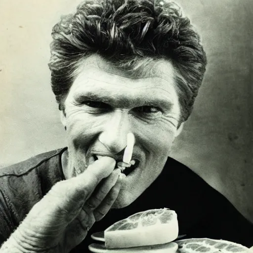 Prompt: old photo of david hasselhoff eating watermelon, daguerrotype, tintype, dirty. faded. old photograph, scratches