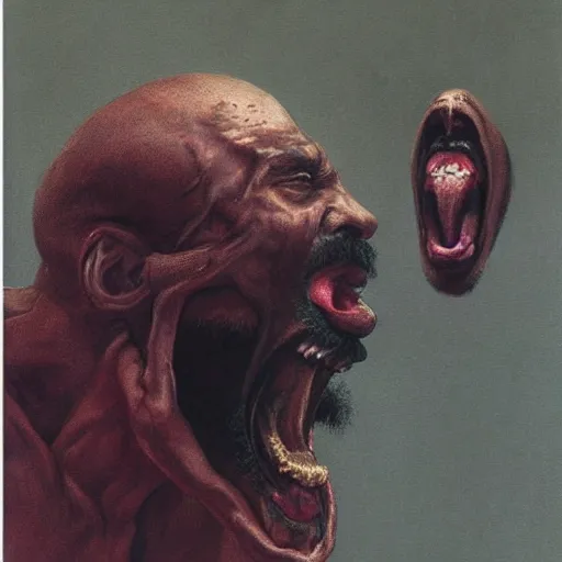 Prompt: a beautiful professional portrait of mc ride screaming in anger, painted by zdzislaw beksinski