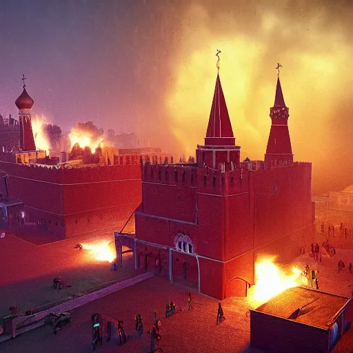 Image similar to a big explosion with clubs of smoke in the form of cotton plant in Red Square Kremlin, dynamic lighting, cinematic, extremely high detail, photo realistic, cinematic lighting, post processed, concept art, artstation, matte painting, unreal engine 8k