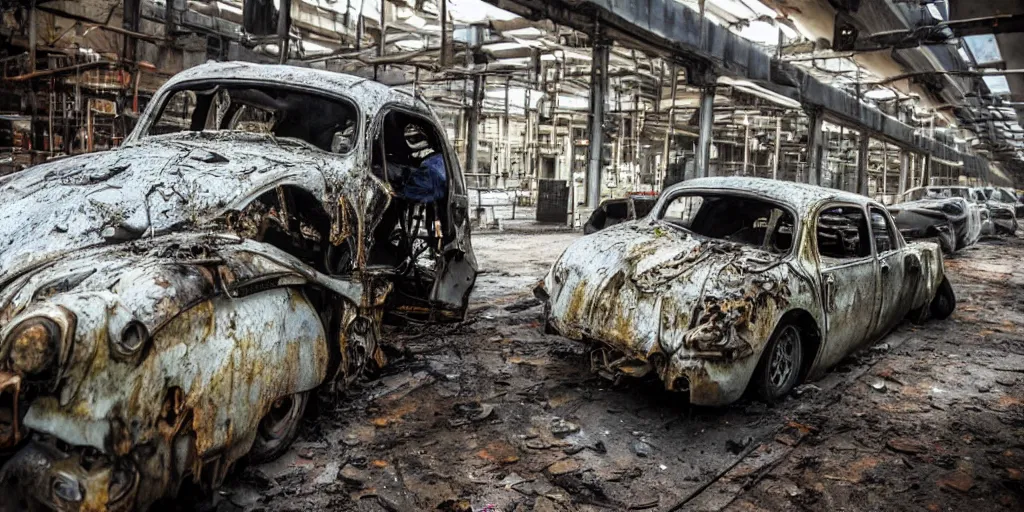 Prompt: close _ up _ of _ a _ car _ in _ an _ old _ industrial _ car _ factory _ a _ ghostly _ figure _ is _ walking _ between _ the _ broken _ cars _ everything _ is _ rusted _ and _ broken _ and _ covered in moss,