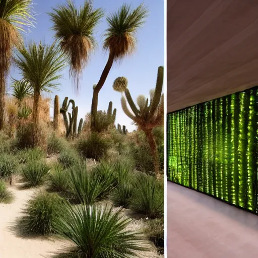 Prompt: biophilia architecture in the desert, plants, oasis