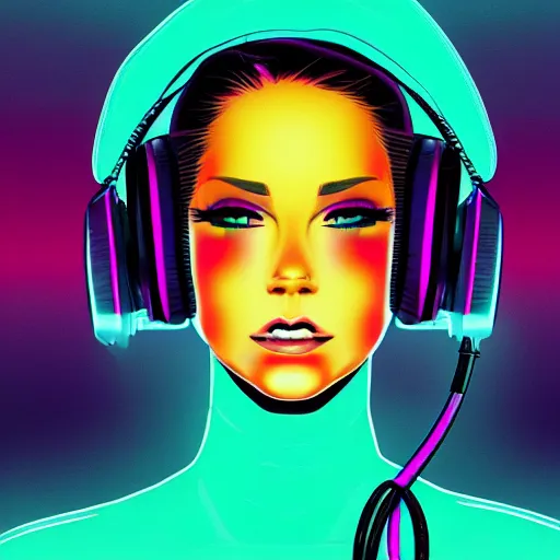 Image similar to synthwave girl wearing headphones, animated, trending on artstation, portrait