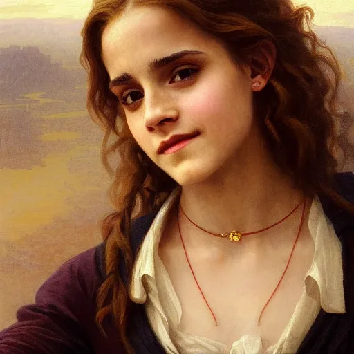 Image similar to Painting of Emma Watson as Hermione Granger. Wearing a golden H necklace. Smiling. Happy. Cheerful. Art by william adolphe bouguereau. During golden hour. Extremely detailed. Beautiful. 4K. Award winning.