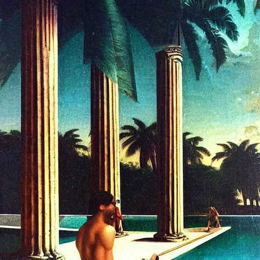 Prompt: Giant columns palace, thunderstorm, greek pool, beach and palm trees on the background major arcana sky, by paul delaroche, magazine photo from 1987, hyperrealistic 8k, very detailed