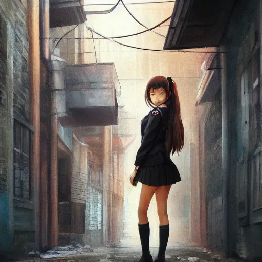 Image similar to a perfect, realistic professional oil painting of a Japanese schoolgirl posing in a dystopian alleyway, style of Marvel, full length, by a professional American senior artist on ArtStation, a high-quality hollywood-style concept