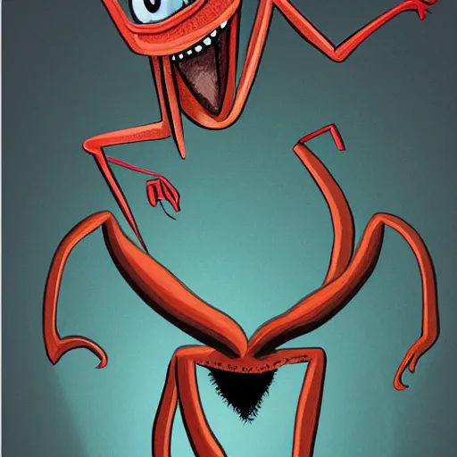 Image similar to cartoon vampire ant with big teeth, painted in the style of a cozy mystery book cover