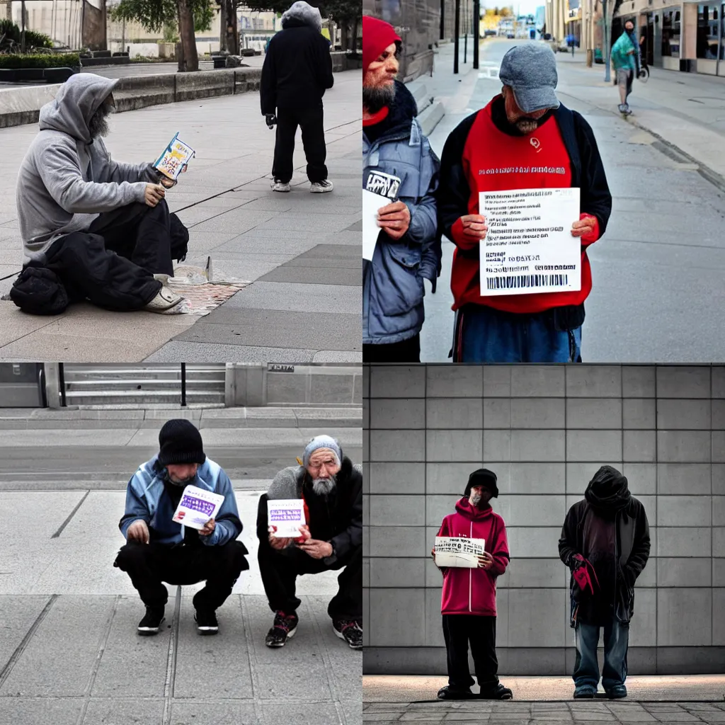 Prompt: two homeless men showing QR codes, asking for change, photography,