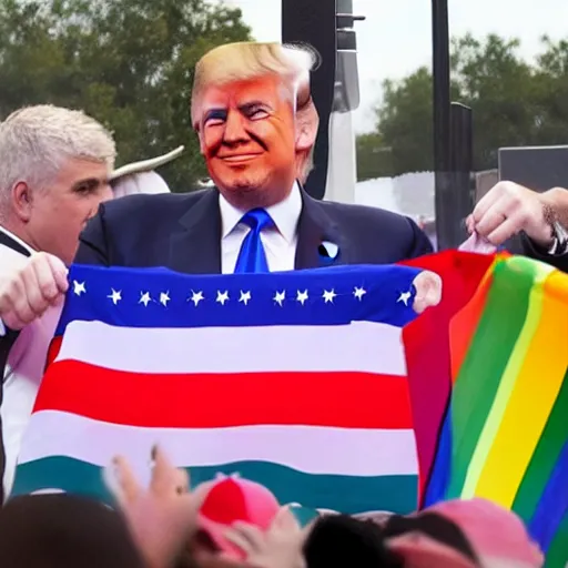 Image similar to donald trump holding up a gay pride flag