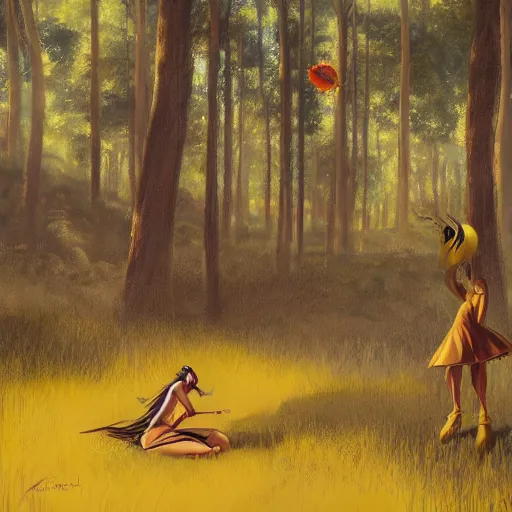 Image similar to concept art painting of an anthropomorphic salvador dali wearing yellow dress, in the deep forest, realistic, detailed, cel shaded, in the style of makoto shinkai and greg rutkowski and james gurney