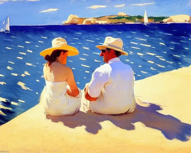 Image similar to a couple and a girl toddler on a beach in sardinia looking at a sailing boat, the man is wearing a panama hat, the woman has long dark hair, white sand, blue sky, summer, white and blue, painting by joaquin sorolla