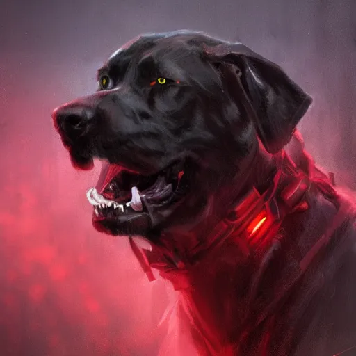 Image similar to cinematic portrait of brutal epic dark dog with crown, concept art, artstation, glowing lights, highly detailed