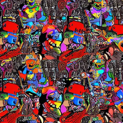 Image similar to artgerm, psychedelic laughing cybertronic where's waldo?, rocking out, headphones dj rave, digital artwork, r. crumb, svg vector