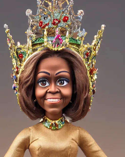 Image similar to highly detailed closeup, face profile portrait of a tin toy michelle obama as a fairytale princess wearing a crown and sitting on a throne, bikini, depth of field, nicoletta ceccoli, mark ryden, lostfish, max fleischer, breathtaking, detailed and intricate environment, 8 k resolution, hyperrealistic, octane render