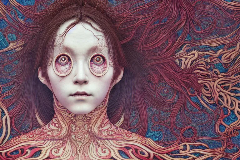 Image similar to realistic detailed image of a woman losing her sanity, conjuring psychedelic background, part by takato yamamoto, part by alex gray, ross tran, james jean, ultra realistic, octane render, highly detailed, 8 k, trending on artstation, cosmic, symmetry, masterpiece