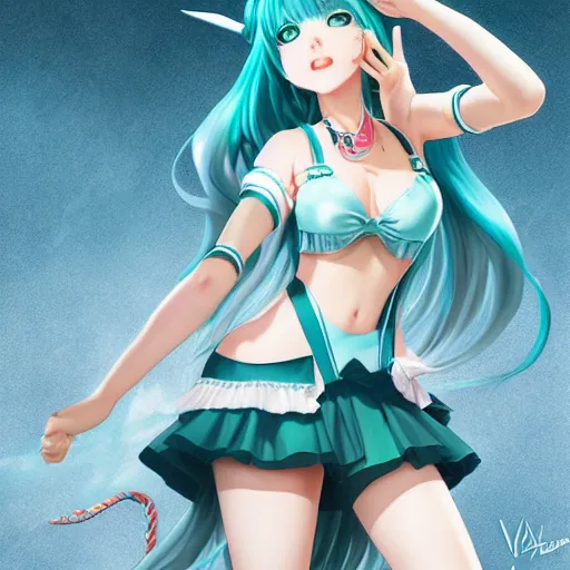 Image similar to Hatsune Miku by Elvgren, Moran, Vargas