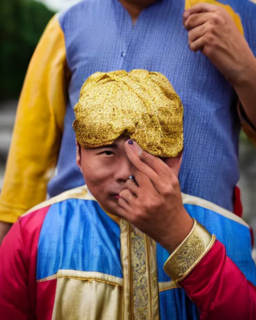 Prompt: gold, blue, photo of an asian male, 8 k, 8 5 mm f 1. 8