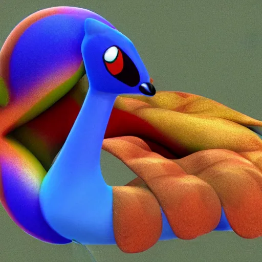 Prompt: 3 d render of a peacock based pokemon, terrifying, cringe, aggresive