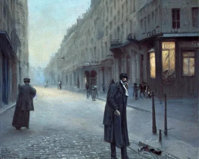 Prompt: a ragged clothed man begging on a street in early 2 0 th century paris. he has a top hat. street lights. evening. warm atmosphere. epic scene. blue vivid colours. 4 k, hyperdetailed. realism