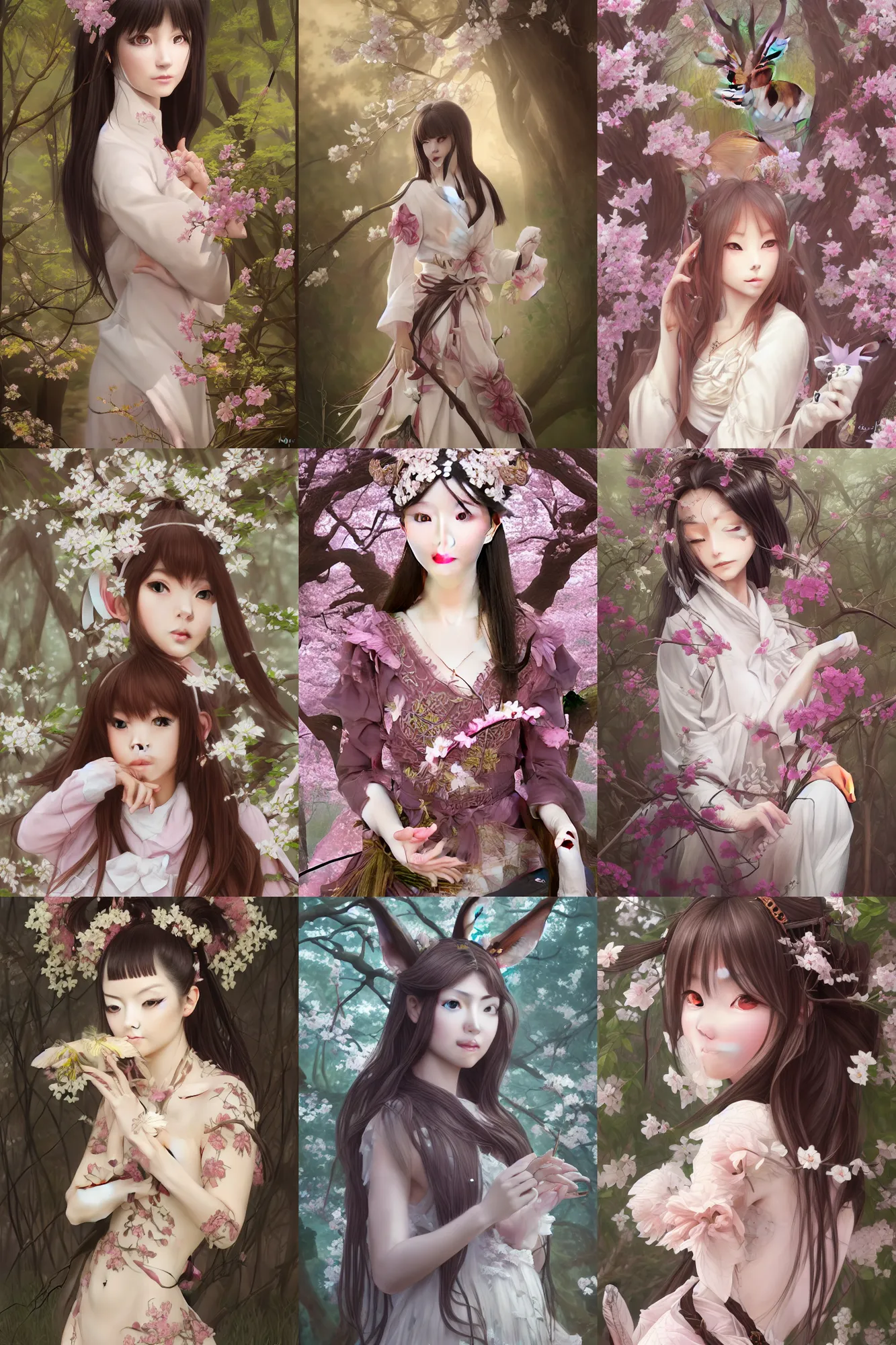 Image similar to Anthro Portrait of japanese white tailed deer girl, D&D, dark fantasy, anthro portrait, sakura blooming on background, intricate, elegant, deer portrait, highly detailed, digital painting, artstation, concept art, smooth, sharp focus, maybe some llama, illustration, art by artgerm and greg rutkowski and alphonse mucha, daily deviation, masterpiece