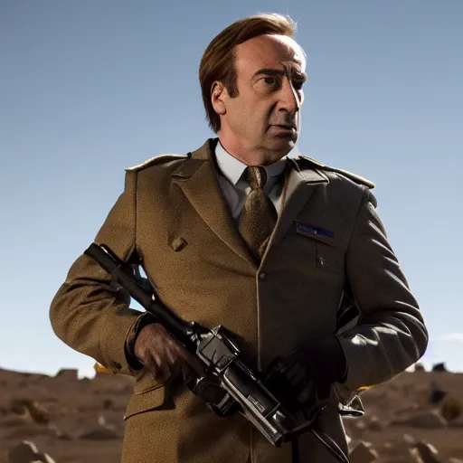 Prompt: Movie still of Saul Goodman wearing modern modern modern heavy military gear, highly detailed, 4k