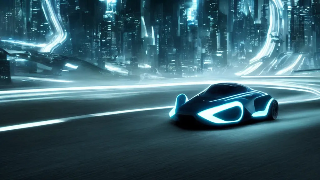 Prompt: a futuristic minimalist sports car driving down a mountain road at night, film still from tron legacy