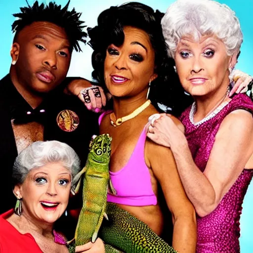 Image similar to worldstar TLC reality TV show about iguanas smoking ganja golden girls mashup