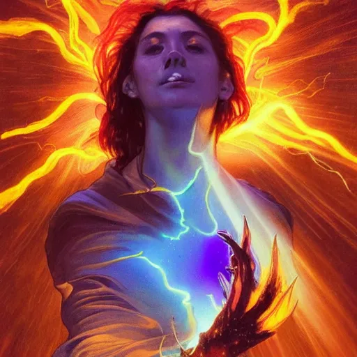 Image similar to A photo of the burning bush, fire from sky, blue lightnings, dramatic purple thunders, golden meteors, dramatic shadows, powerful photo, magic, dramatic lighting, intricate, wild, highly detailed, digital painting, artstation, concept art, smooth, sharp focus, illustration, art by artgerm and greg rutkowski and alphonse mucha, footage