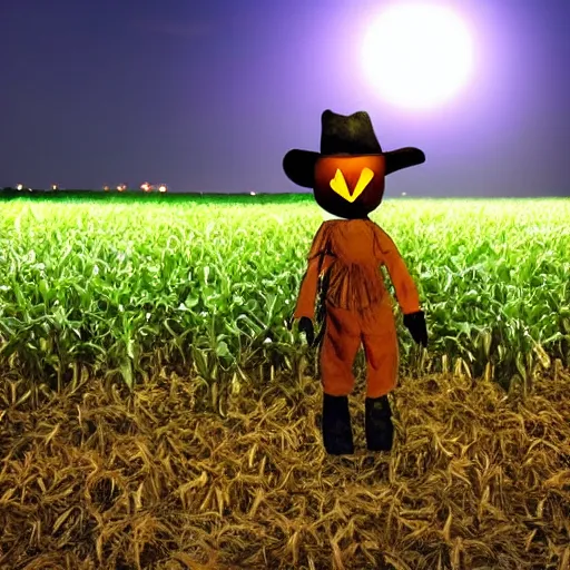 Prompt: Scarecrow in a cornfield at night looking at viewer, low quality photograph, eerie lighting