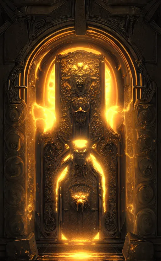Image similar to a ornamental gate into space a demon emerges from it, ornament, intarsia, portal, doorway, dynamic lighting, ambient lighting, atmospherical, photorealistic fantasy concept art, trending on art station, stunning visuals, creative, cinematic, ultra detailed