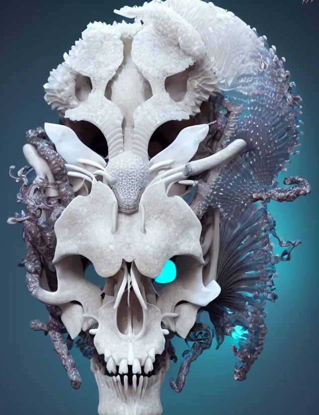 Image similar to 3 d goddess close - up frontal portrait with cow skull. beautiful intricately detailed japanese crow kitsune mask and clasical japanese kimono. betta fish, jellyfish phoenix, bio luminescent, translucent, plasma, ice, water, wind, creature, artwork by tooth wu and wlop and beeple and greg rutkowski. vray. behance. 8 k