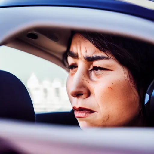 Prompt: a woman crying while listening to music, ( sony a 7 r iv, symmetric balance, polarizing filter, photolab, lightroom, 4 k, dolby vision, photography award, picturesque ) police car lights