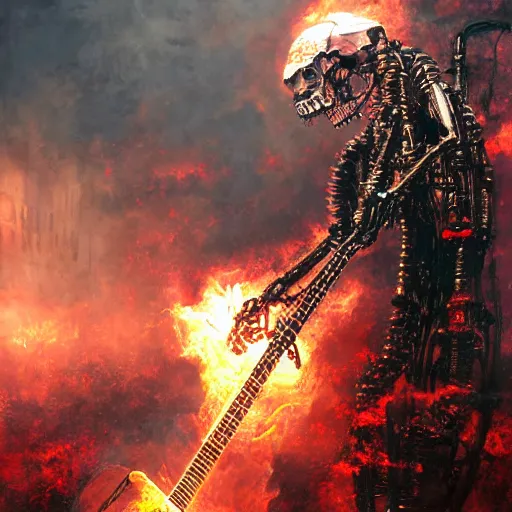 Image similar to death robot shredding flaming guitar, standing in ruined burning street by Yoshitaka Amano, by HR Giger, biomechanical, 4k, hyper detailed, hyperrealism, anime, a Blood Moon rising on a Broken World, deviantart, artstation