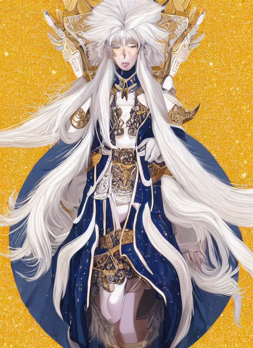 Image similar to commissioned full body portrait of a female anthro werewolf princess fursona with white hair wearing a white and gold Chinese armored dress in a white and gold palace on a starry night with a large crescent moon, by a professional manga illustrator, Stanley Artgerm Lau, WLOP, Rossdraws, James Jean, Andrei Riabovitchev, Marc Simonetti, and Sakimichan, trending on artstation