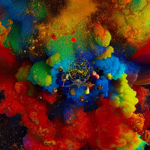 Image similar to color powder explosion on top of baroque renaissance painting, particles, fine detail, damien hirst and jackson pollock and james jean, golden ratio, fractal, sharp focus, artstation