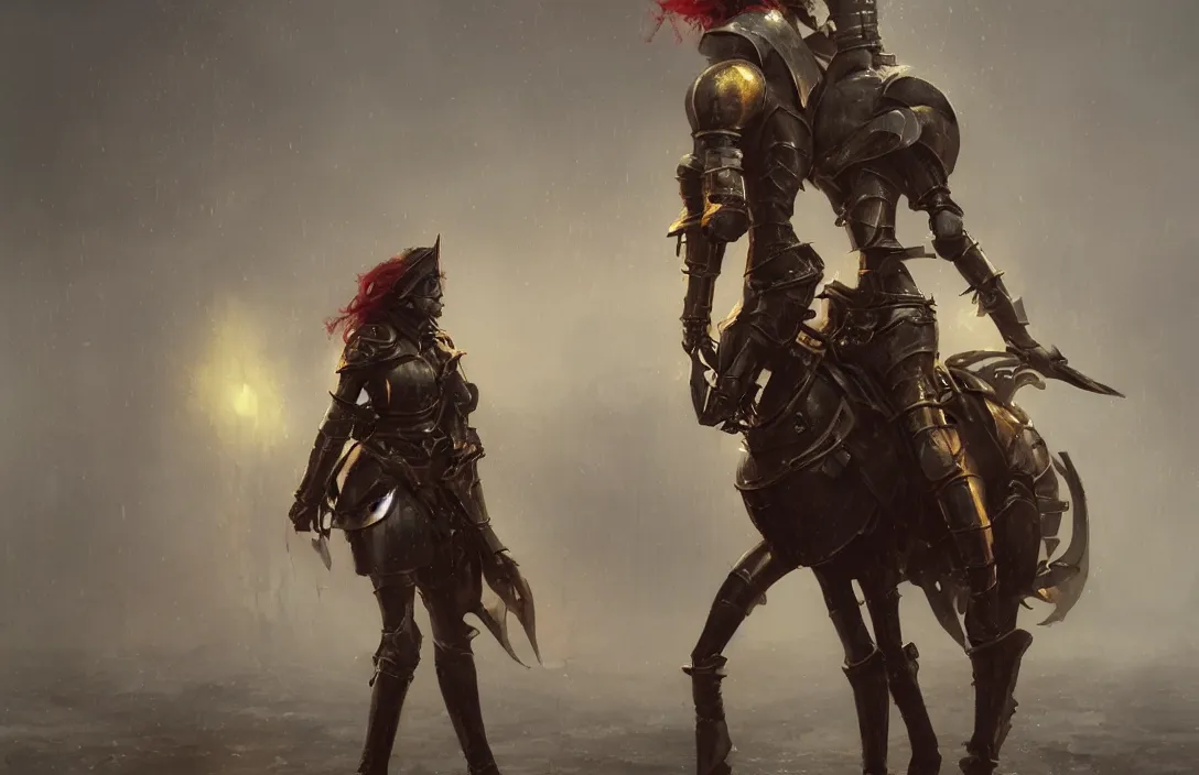 Prompt: a beautiful female knight in final fansty 14, raining, mist, steampunk by Julian calle, wlop, Denis Villeneuve, greg rutkowski and thomas kinkade, Finnian MacManus, Syd Mead, Trending on artstation, black and yellow and red scheme, 8k, wide-angle lens, Unreal Engine