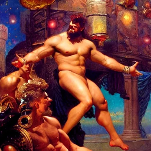 Image similar to muscular zeus wears leather and drinks martinis at a celestial dance club and falls in love with the handsome god jupiter, painting by gaston bussiere, craig mullins, j. c. leyendecker, tom of finland