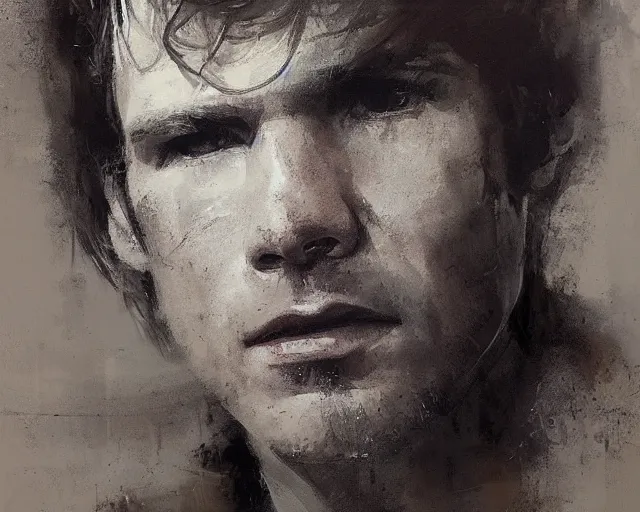 Image similar to portrait of young han solo young harrison ford in shades of grey but with brown by jeremy mann