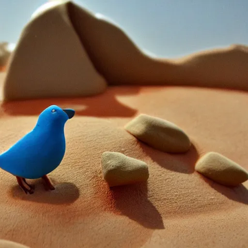 Image similar to claymation of bird in the desert, clay, beautiful close up